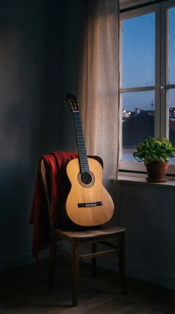 Uma guitarra clássica pousada numa cadeira junto a uma janela ao entardecer
