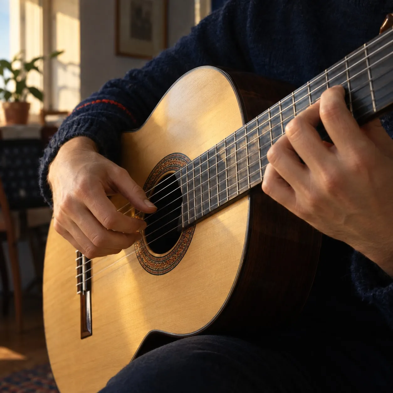 Mãos a tocar guitarra clássica numa sala ao fim da tarde