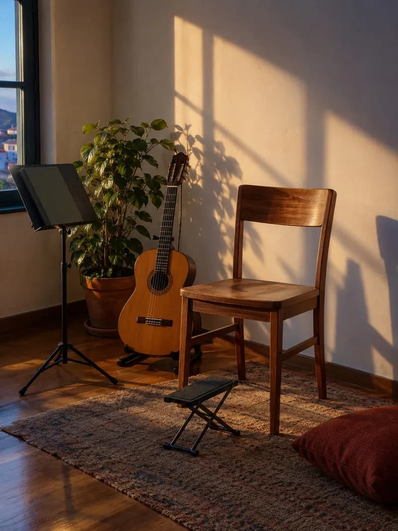 Guitarra clássica num suporte junto a uma cadeira e um banco de pé numa sala tranquila
