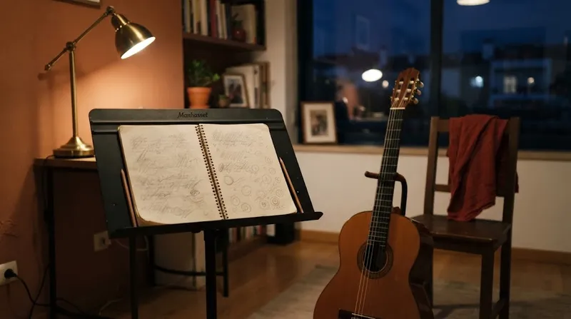 Estante de música com um caderno de estudo e um lápis junto a uma guitarra clássica